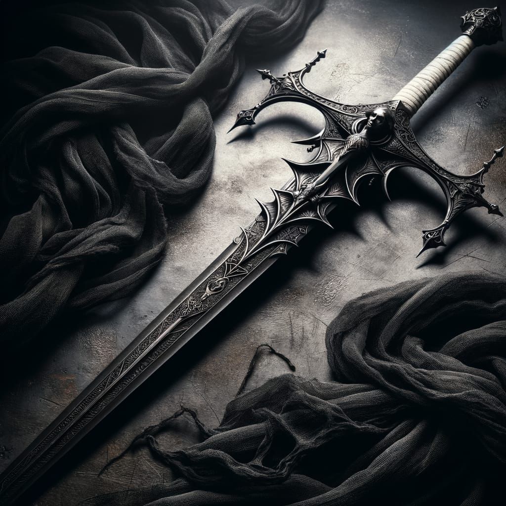 Black Iron Longsword with Justice Scale Hilt in Dark Urban F...