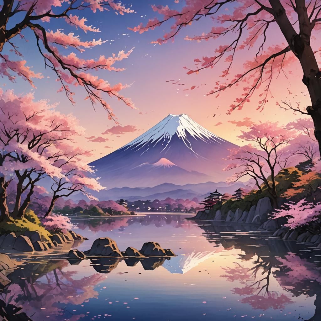 Mount Fuji Sunset in Anime Watercolor Style