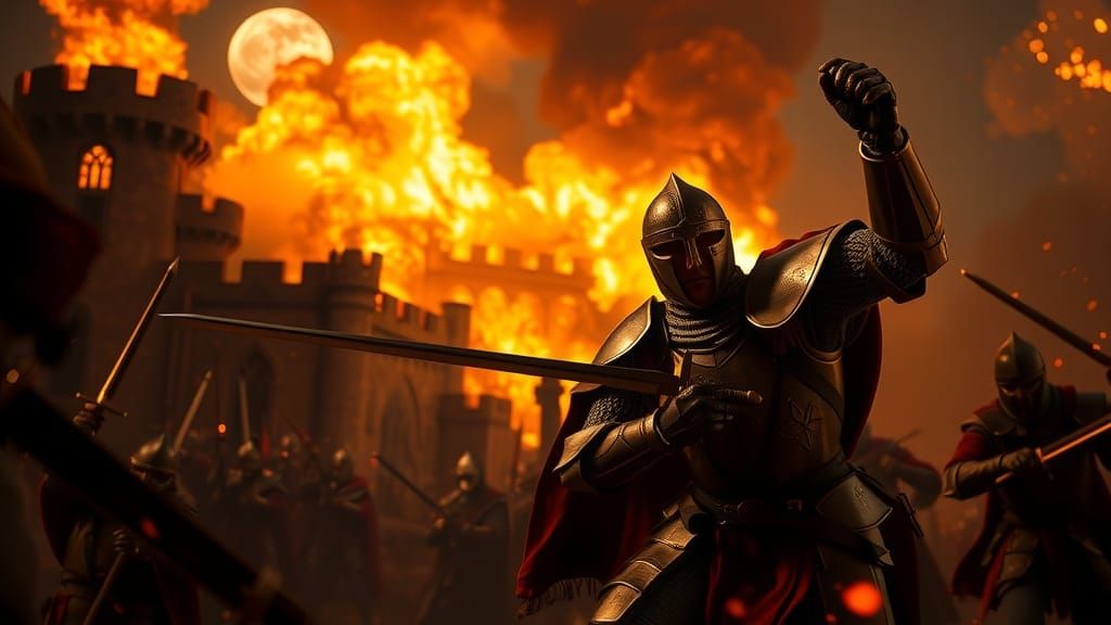 Knight in Shining Armor Amidst Burning Castle