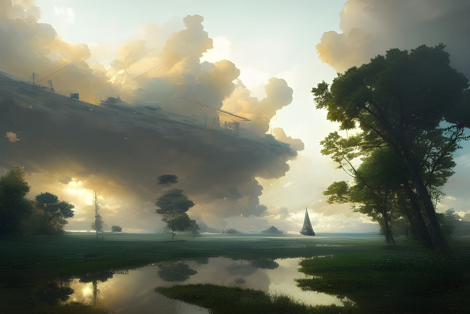 Spectacular Sci-Fi Mothership in Rainy Landscape