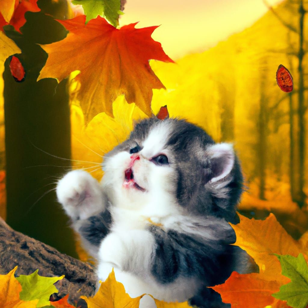 Cute Kitten Plays in Autumnal Fantasy Forest