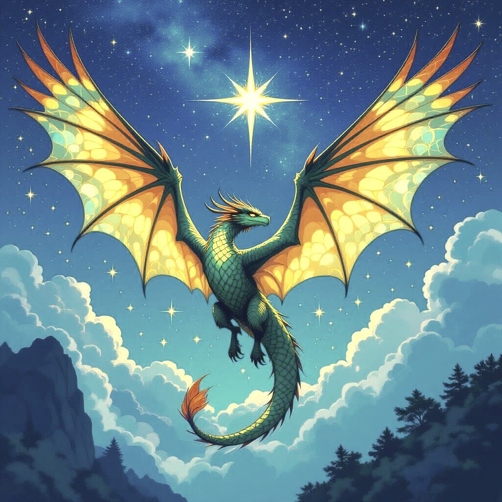 Dragon Flying Across Starry Night Sky