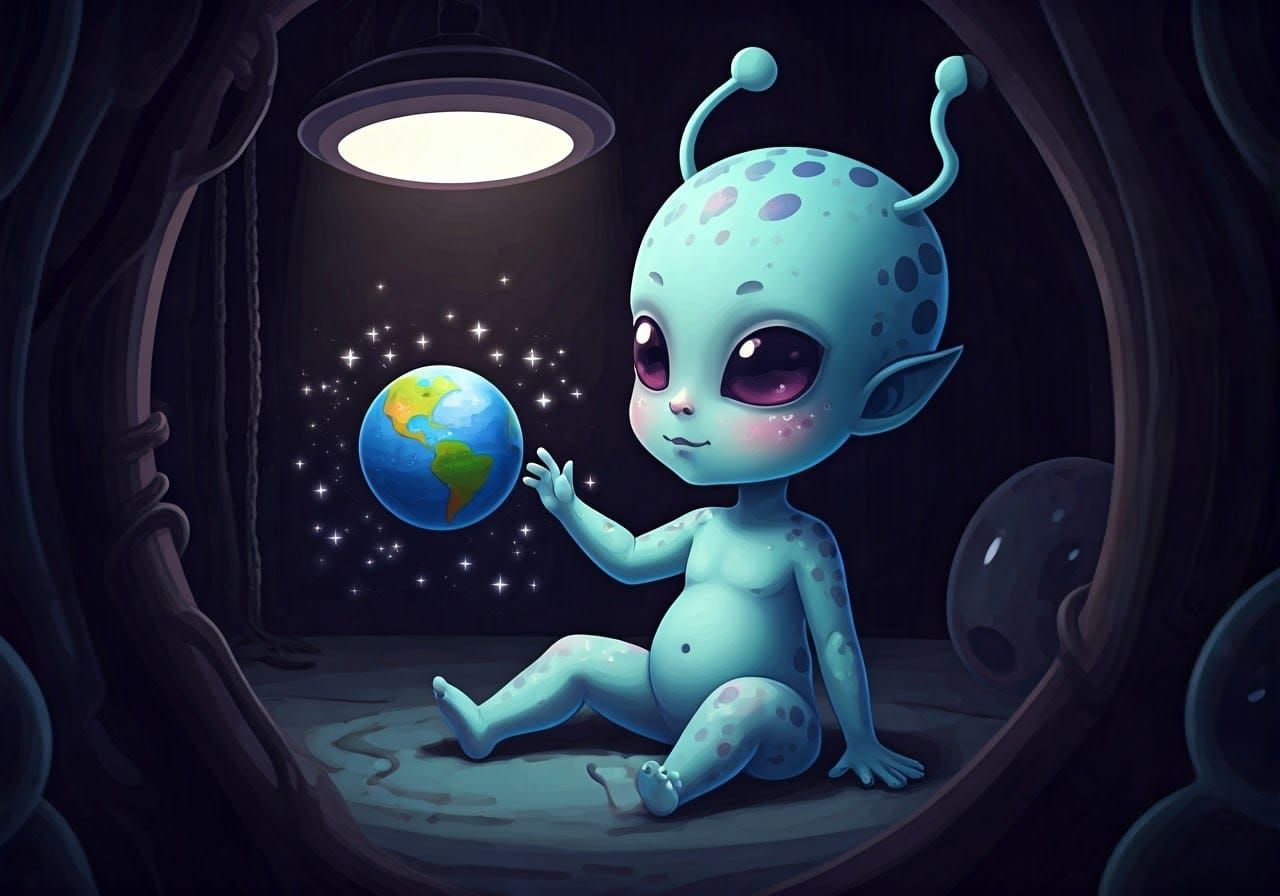 Cute Chibi Alien Child Plays with Earth Globe