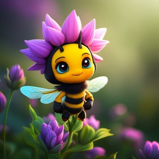 Chibi Bee on Flower in Detailed Matte Painting
