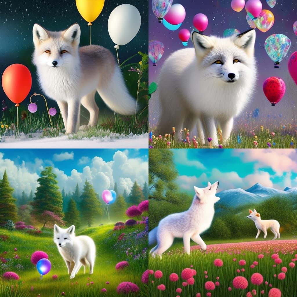 Fox Chasing Balloons in Snowy Meadow, Digital Art