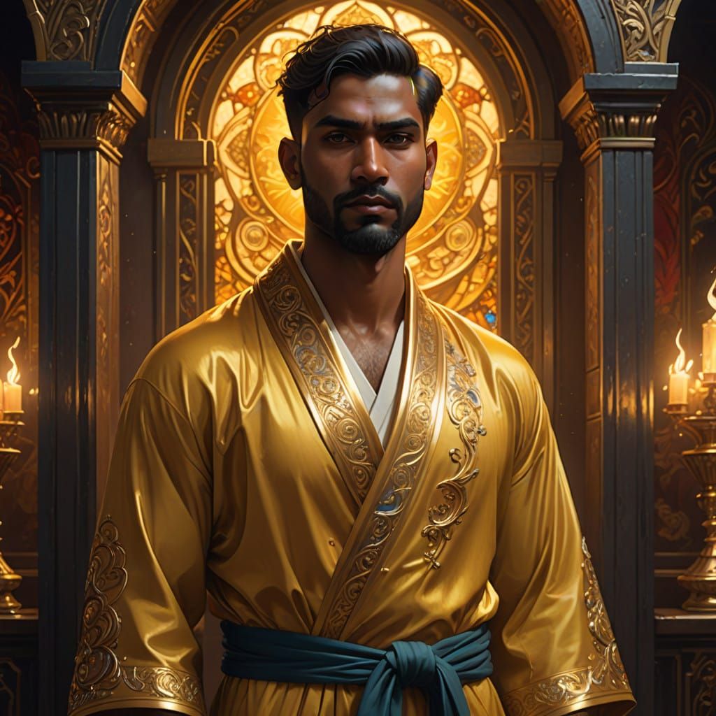 Handsome Hindu Male in Golden Velvet Robe, Oil Painting Styl...