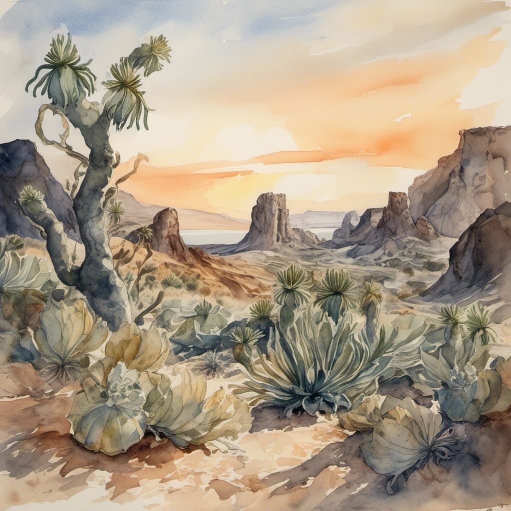 Watercolor Alien Landscape at Sunset