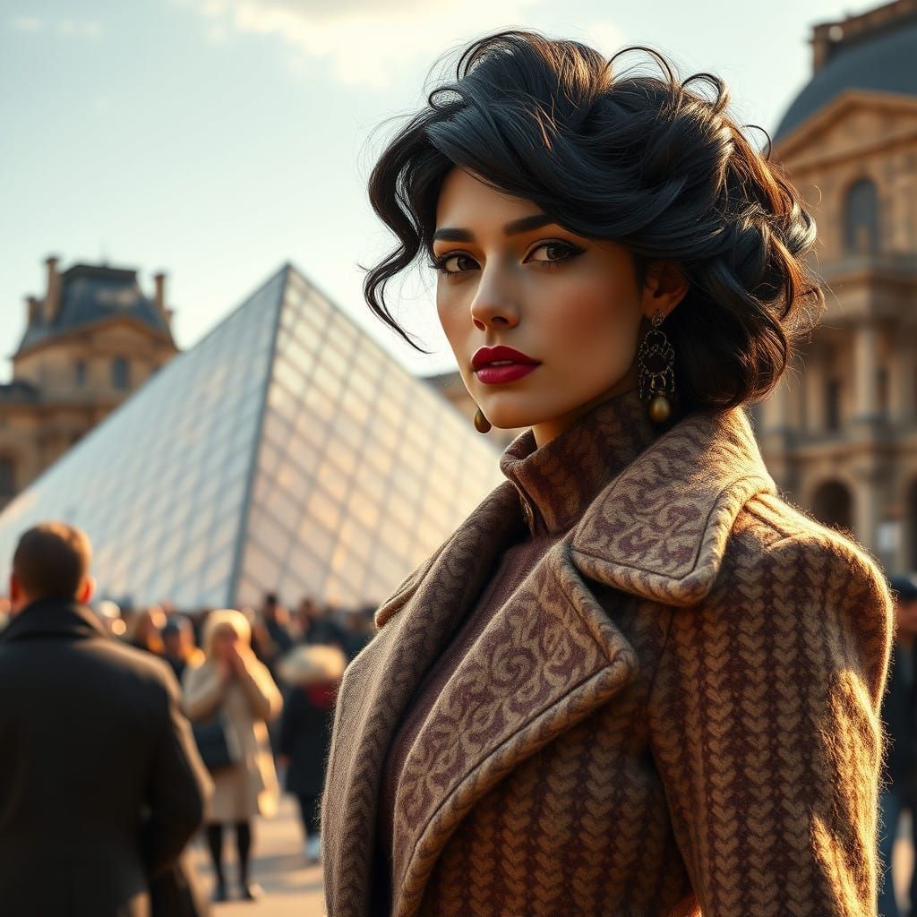 Sophisticated Lady in Front of the Louvre Pyramid