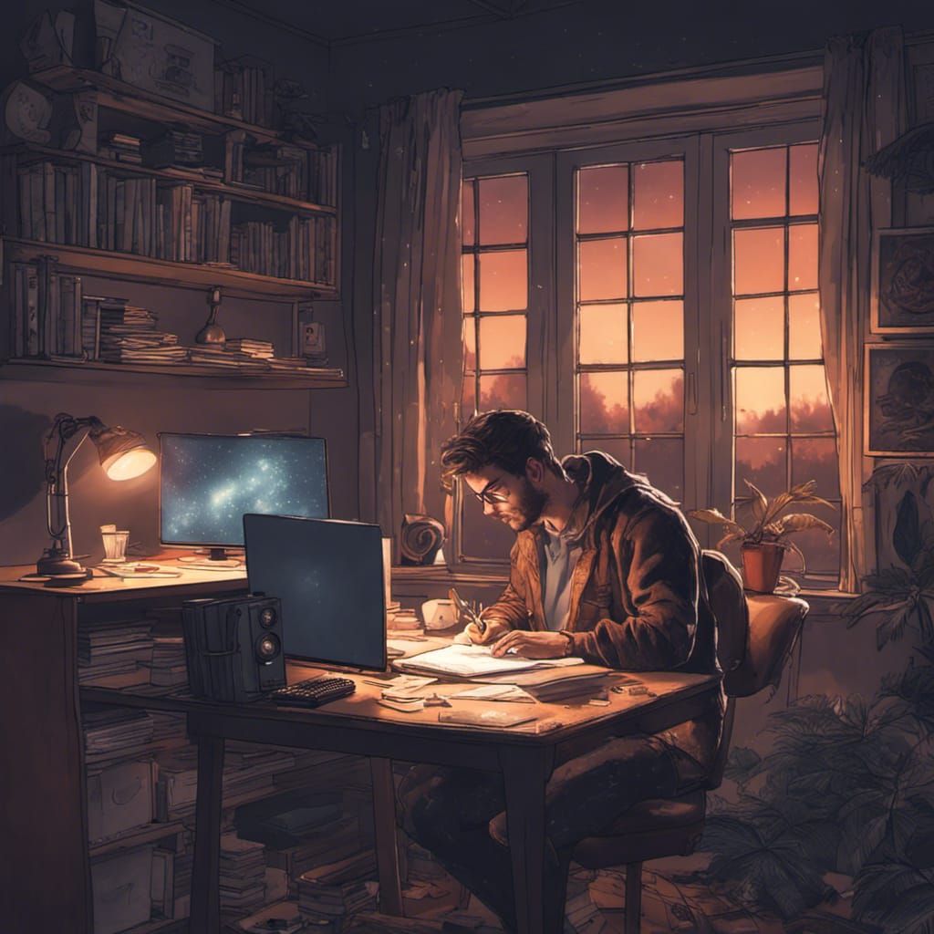 Cozy Night: Man Writing Music in Dark Room