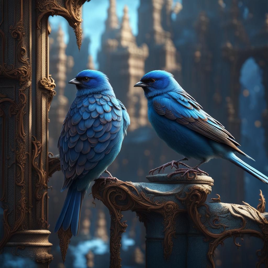 Blue Sparrows in Detailed Matte Painting