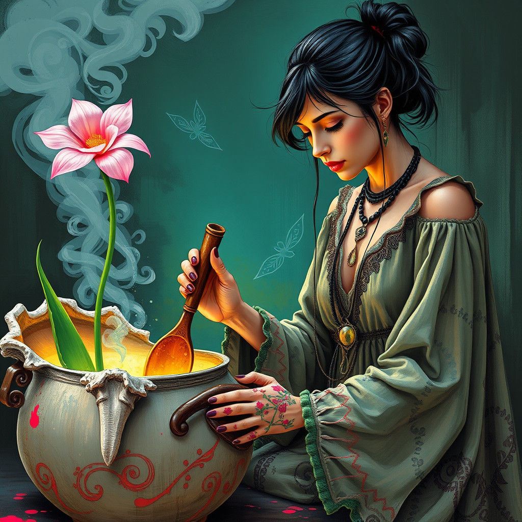 Bohemian Sorceress Stirring Cauldron with Aloe Vera, as Graf...