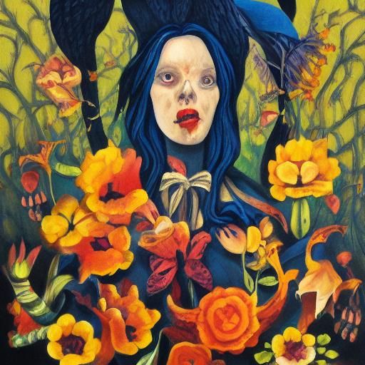 Macabre Gouache Painting of a Grim Scene