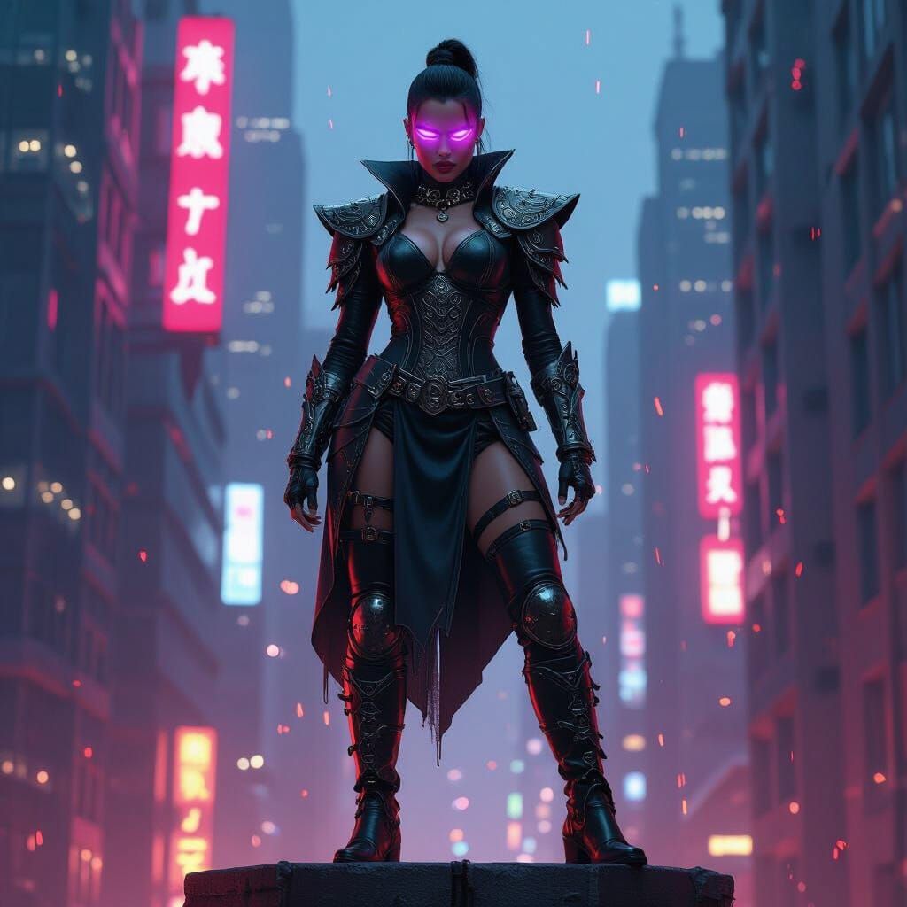Cyberpunk Matriarch Surveys Her Neon Domain