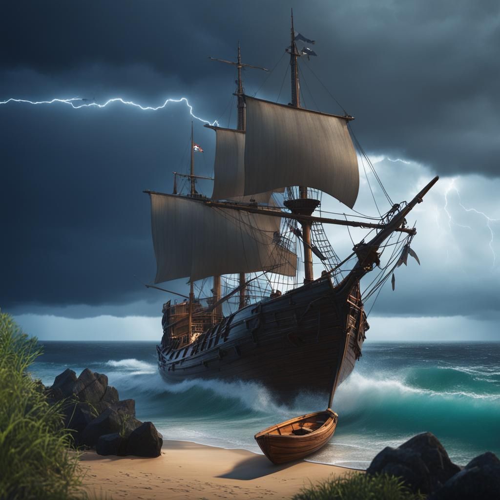 Ghibli Pirate Ship Approaches Overturned Boat