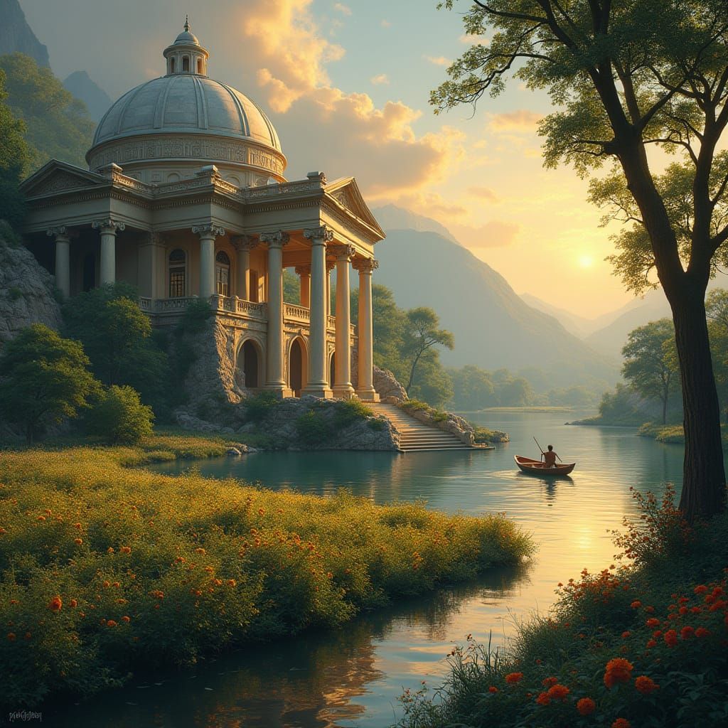 Surreal Ethereal Library with Marble Columns and Golden Suns...