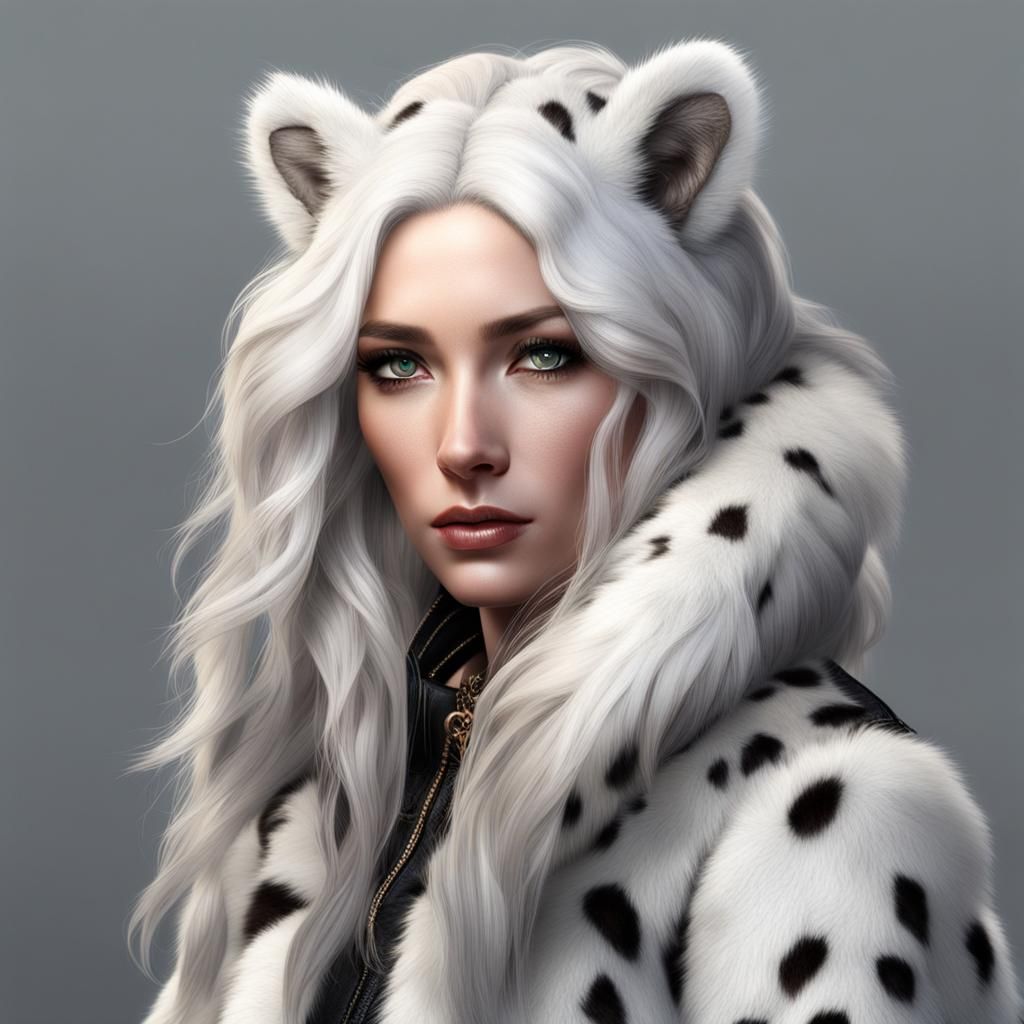 Hyperrealistic Woman with Snow Leopard Fur and Leather