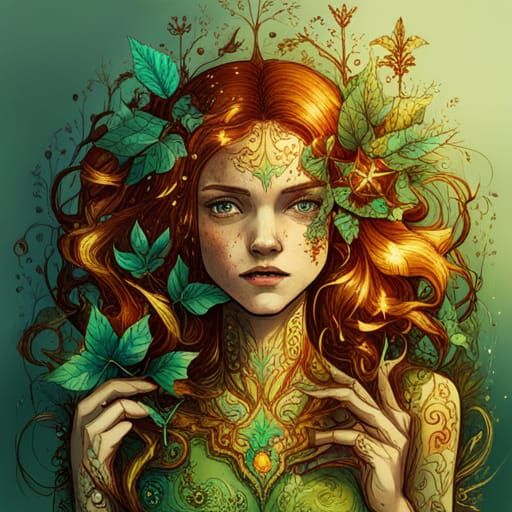 Poison Ivy with Golden Outlines: Digital Anime Art