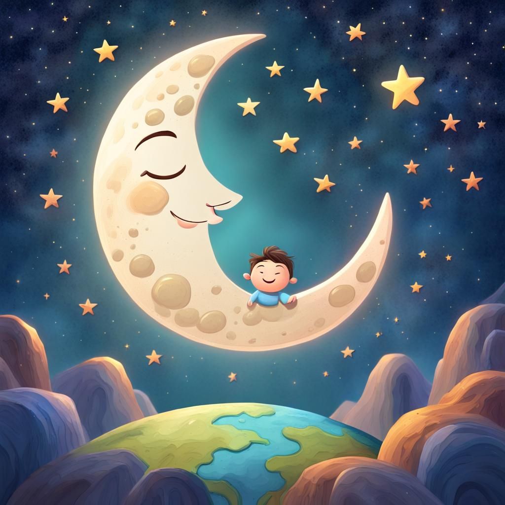 Whimsical Storybook Page with Smiling Moon and Earth