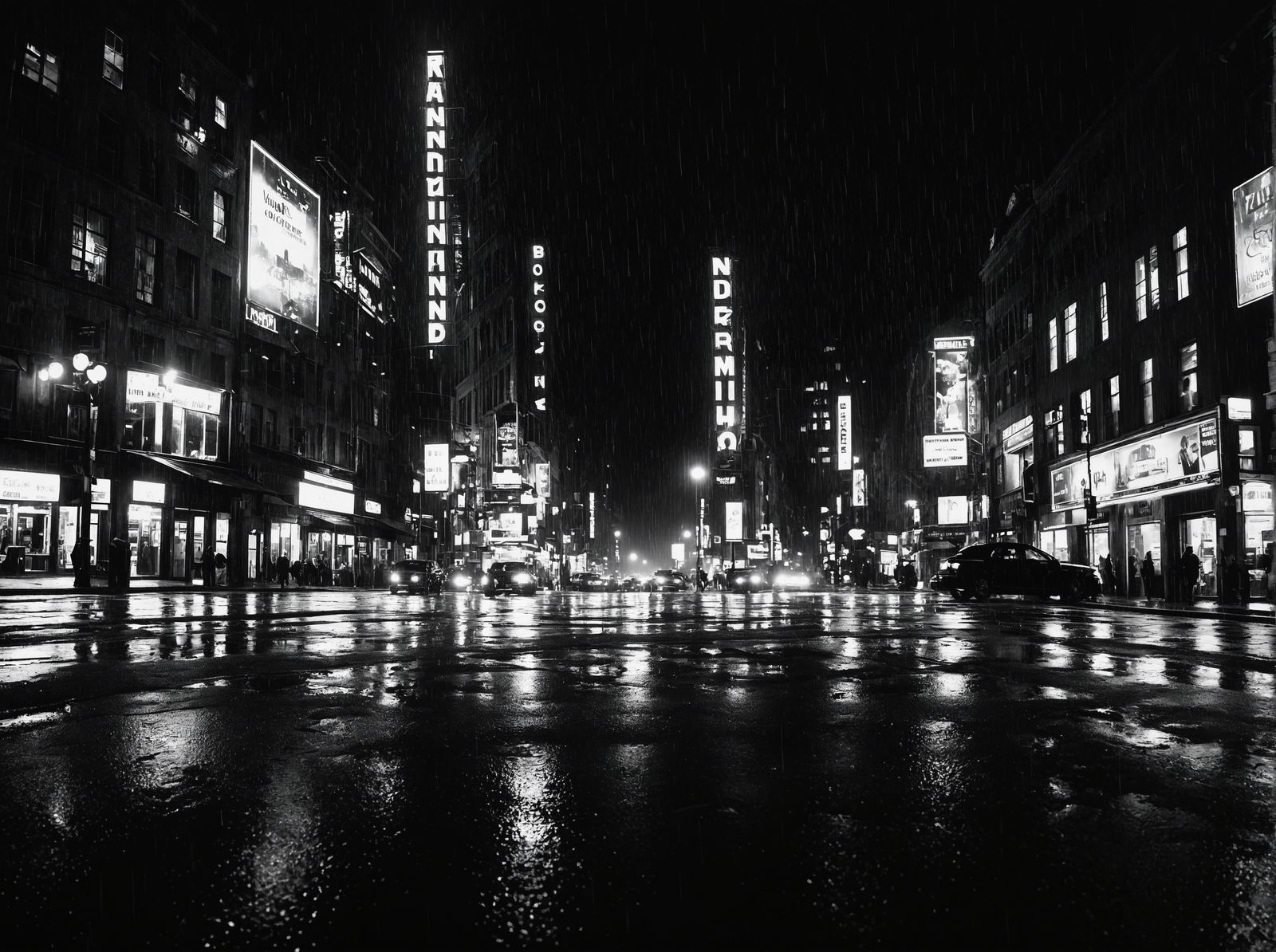 Film Noir Cityscape at Night in the Rain