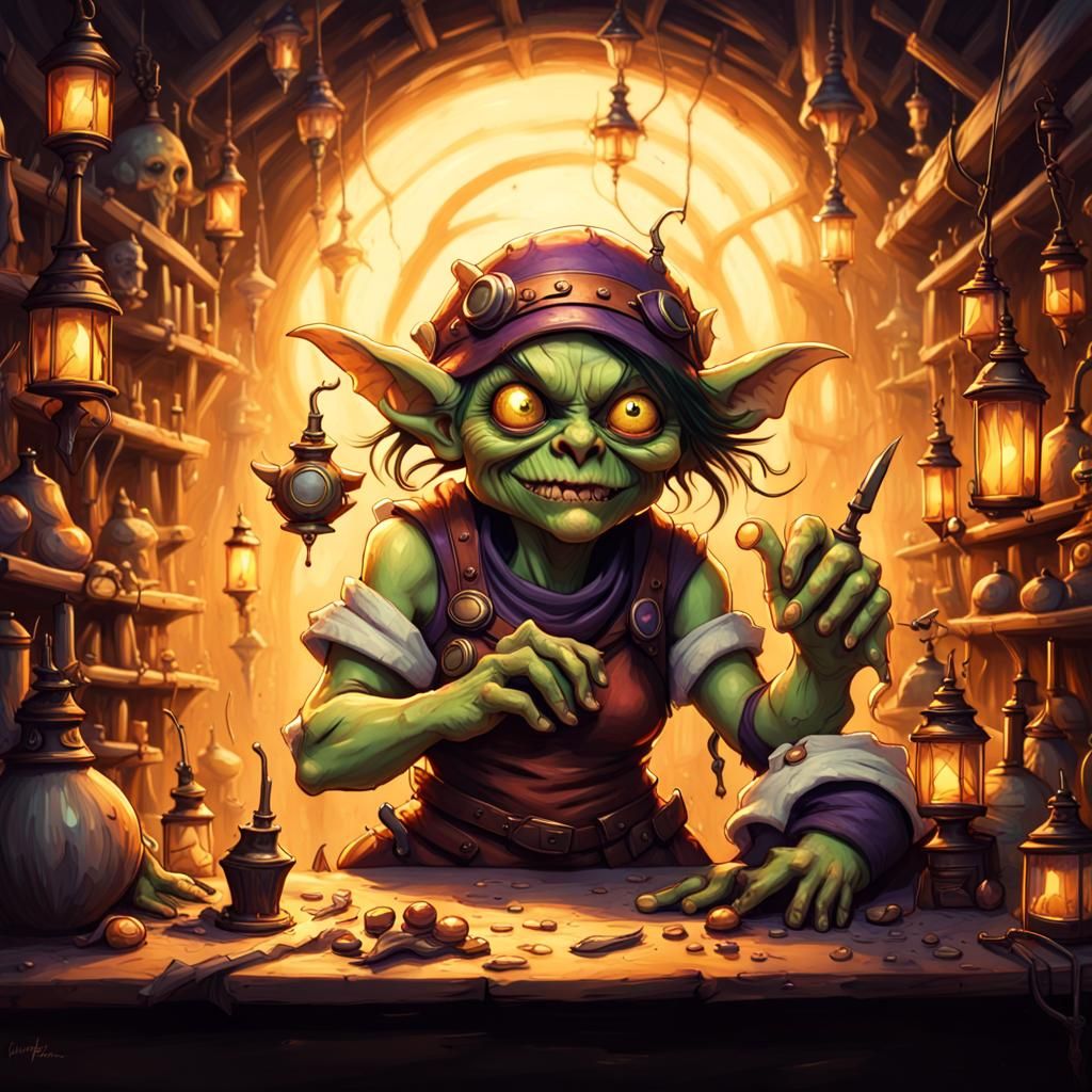Green Goblin Inventor in Dark Fantasy Workshop
