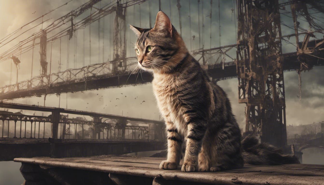 Post-Apocalyptic Cat on Bridge in 8k