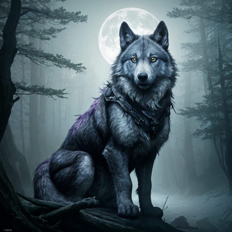 Lone Wolf Howling at Foggy Moonlit Night Splash Art