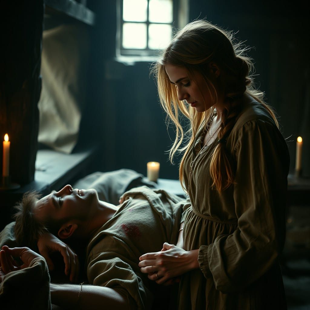 Weary Woman Tends to Wounded Man in Medieval Medical Sanctum