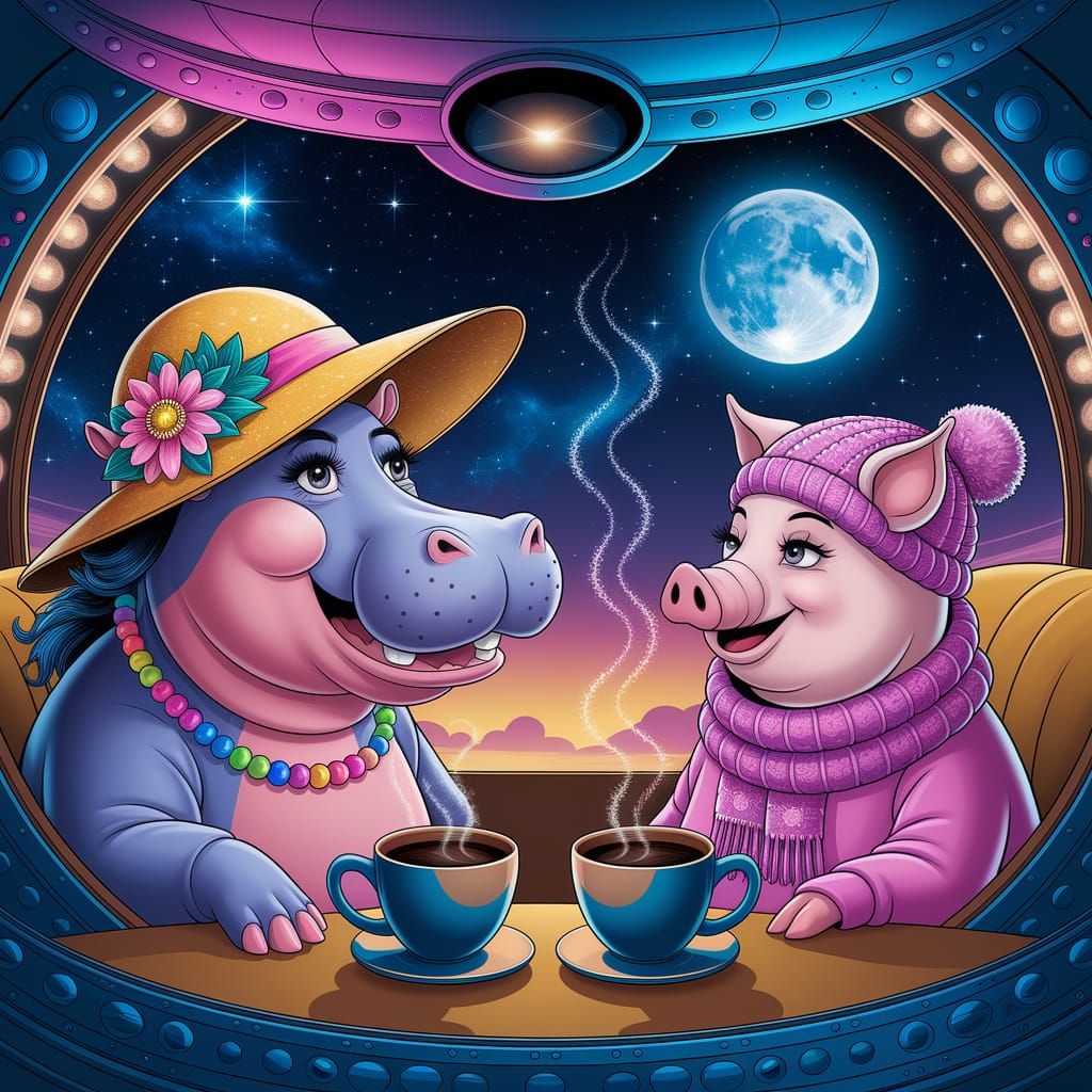 Hippopotamus and Pig Enjoying Coffee in Space, Amaringo Styl...