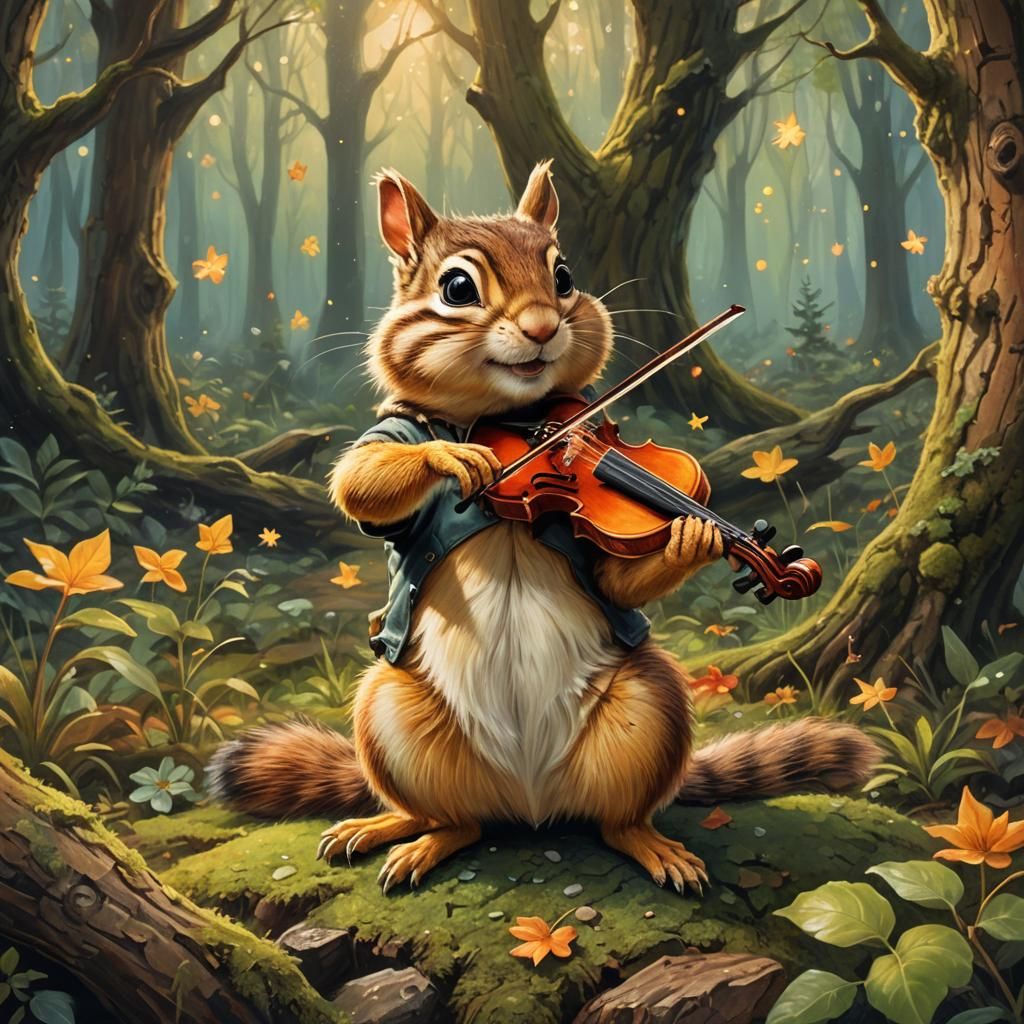 Chipmunk Violinist in Forest Glade: Whimsical Oil Painting