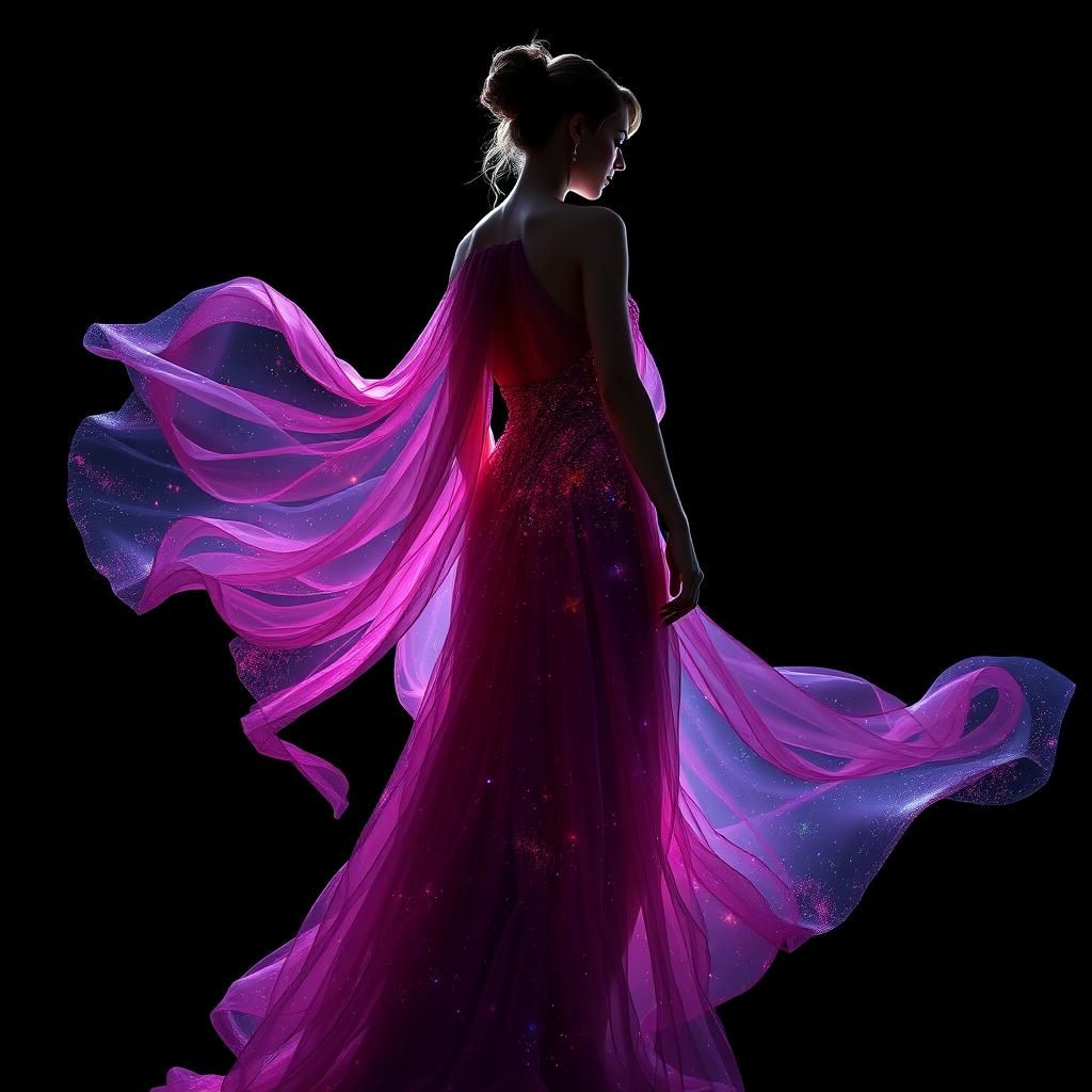 Cosmic Silhouette: Woman in Ethereal Gown