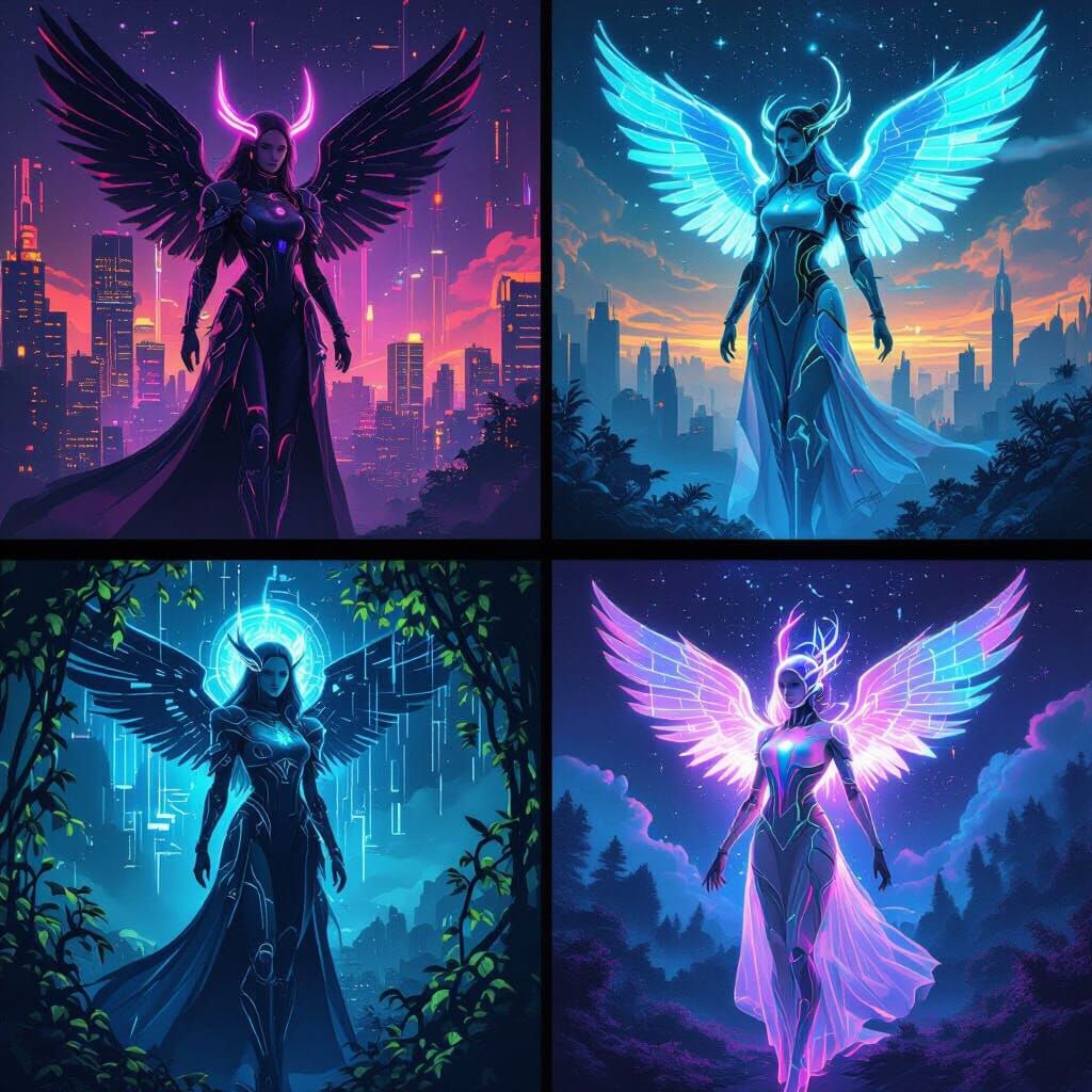 Futuristic Angels in Cyberpunk Cityscape