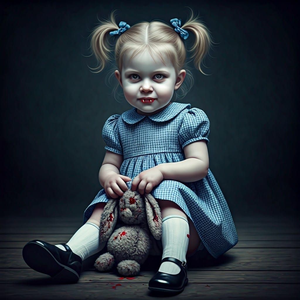 Eerie Toddler Vampire Girl in Gingham Dress