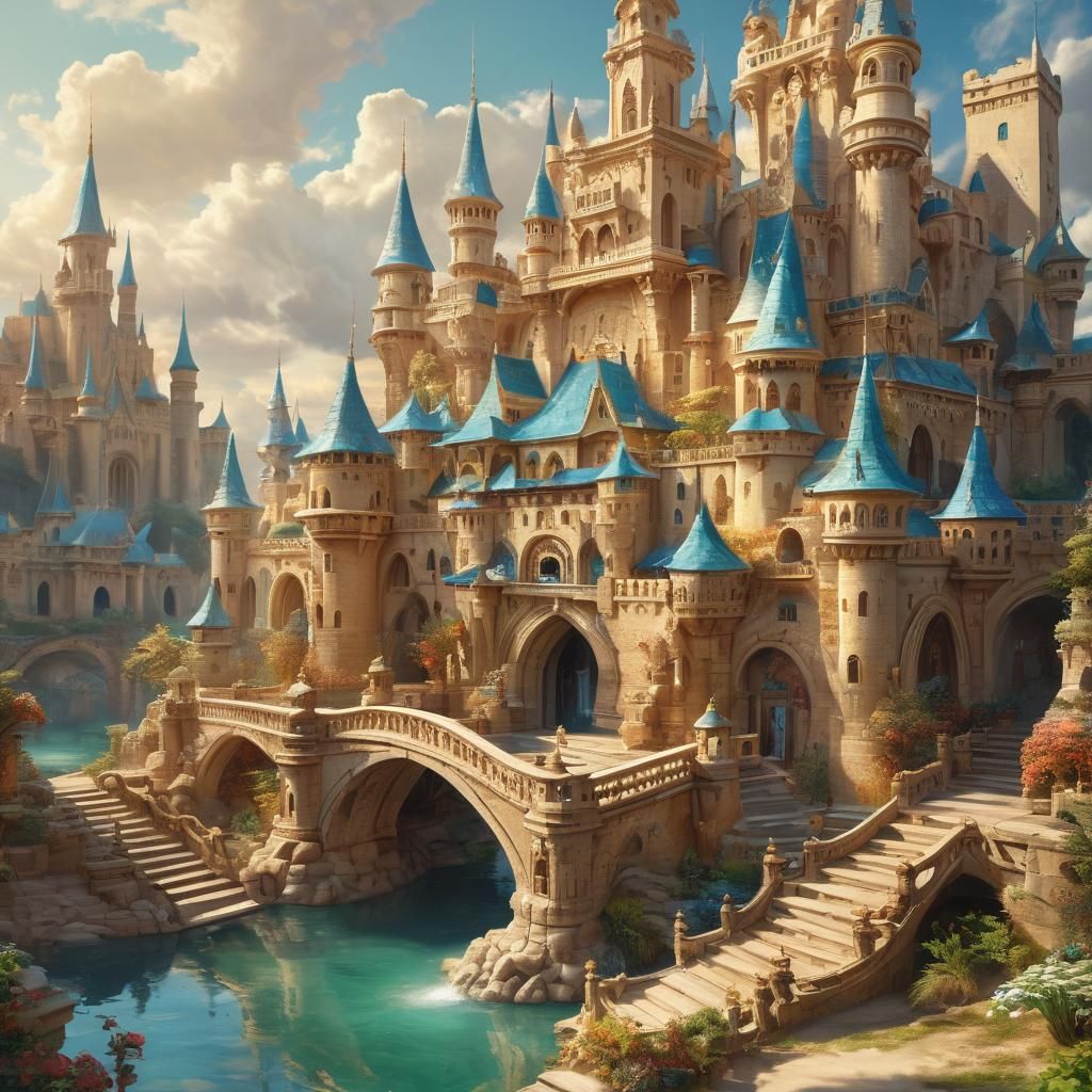 Dreamlike Sandcastle with Aqua Canals, Oil Painting