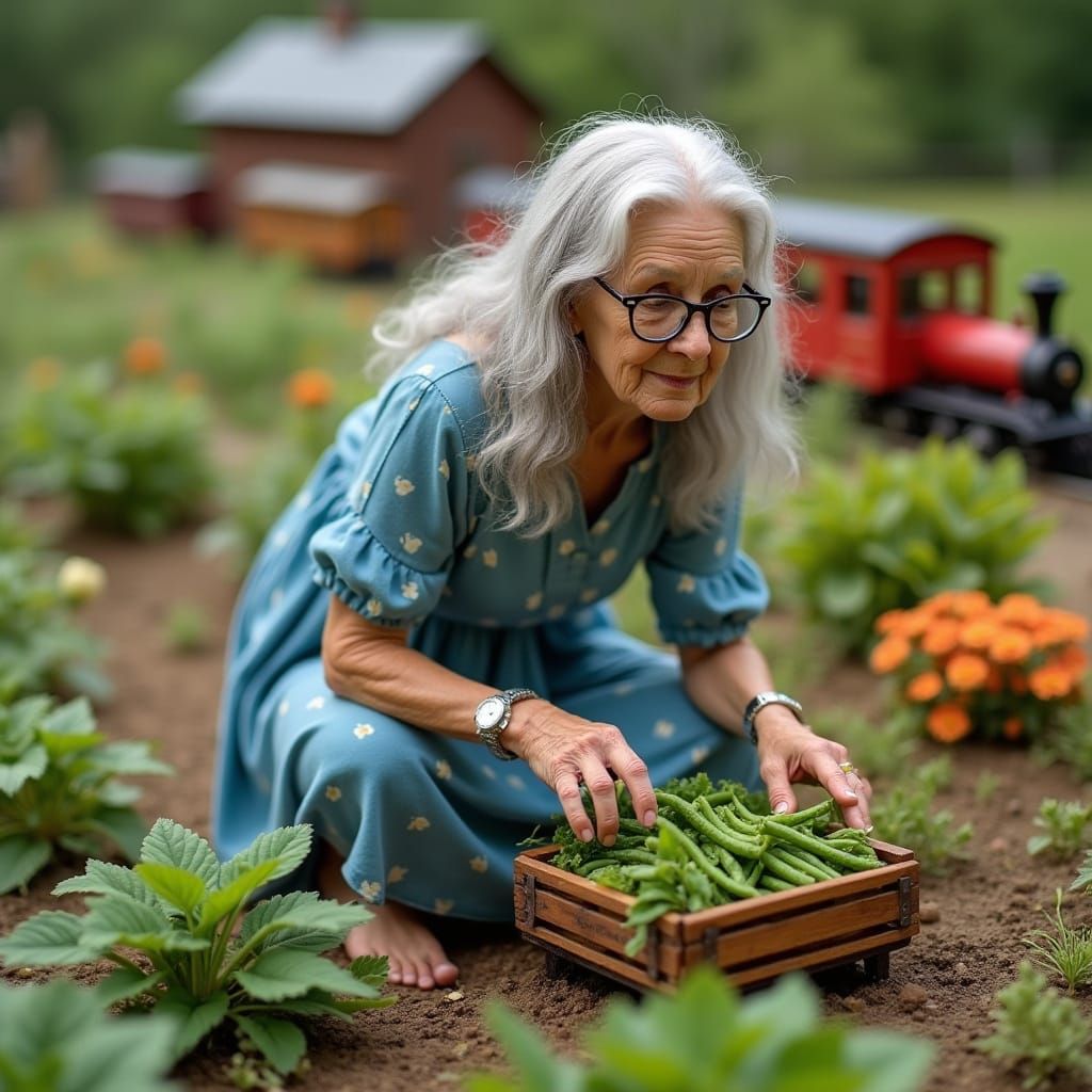 Serene Farmer's Wife in Whimsical Garden Scene