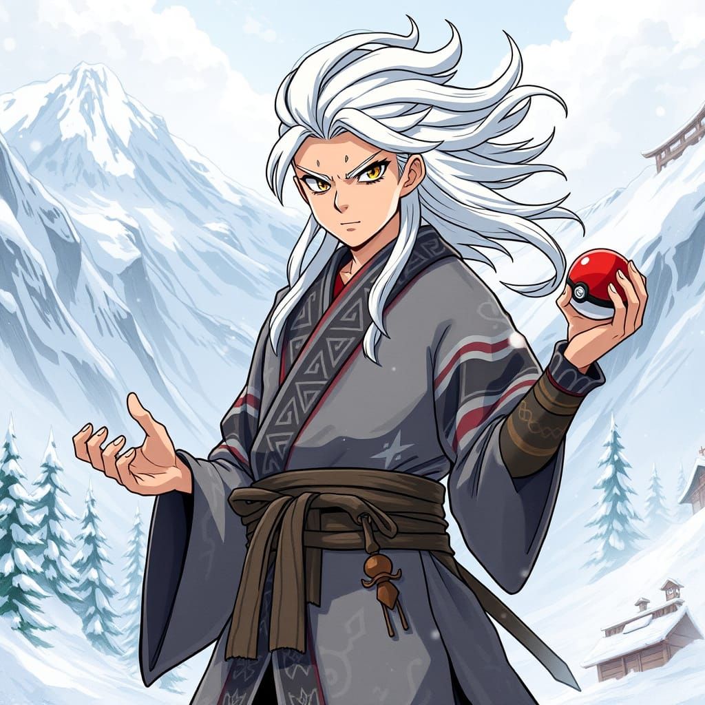 Ainu Shaman in Snowy Landscape, Holding Pokeball