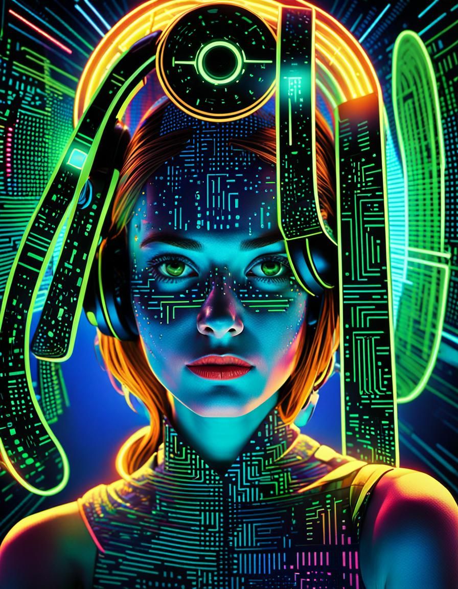 Woman in Neon Headphones: Pop Art Digital Portrait