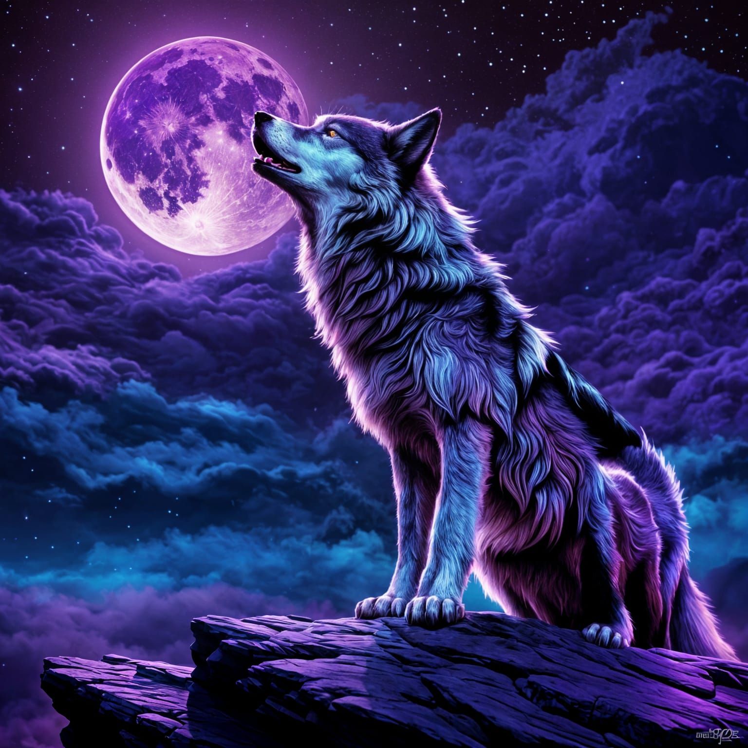 Fantastical Purple Wolf Under Purple Moonlit Sky in Intricat...