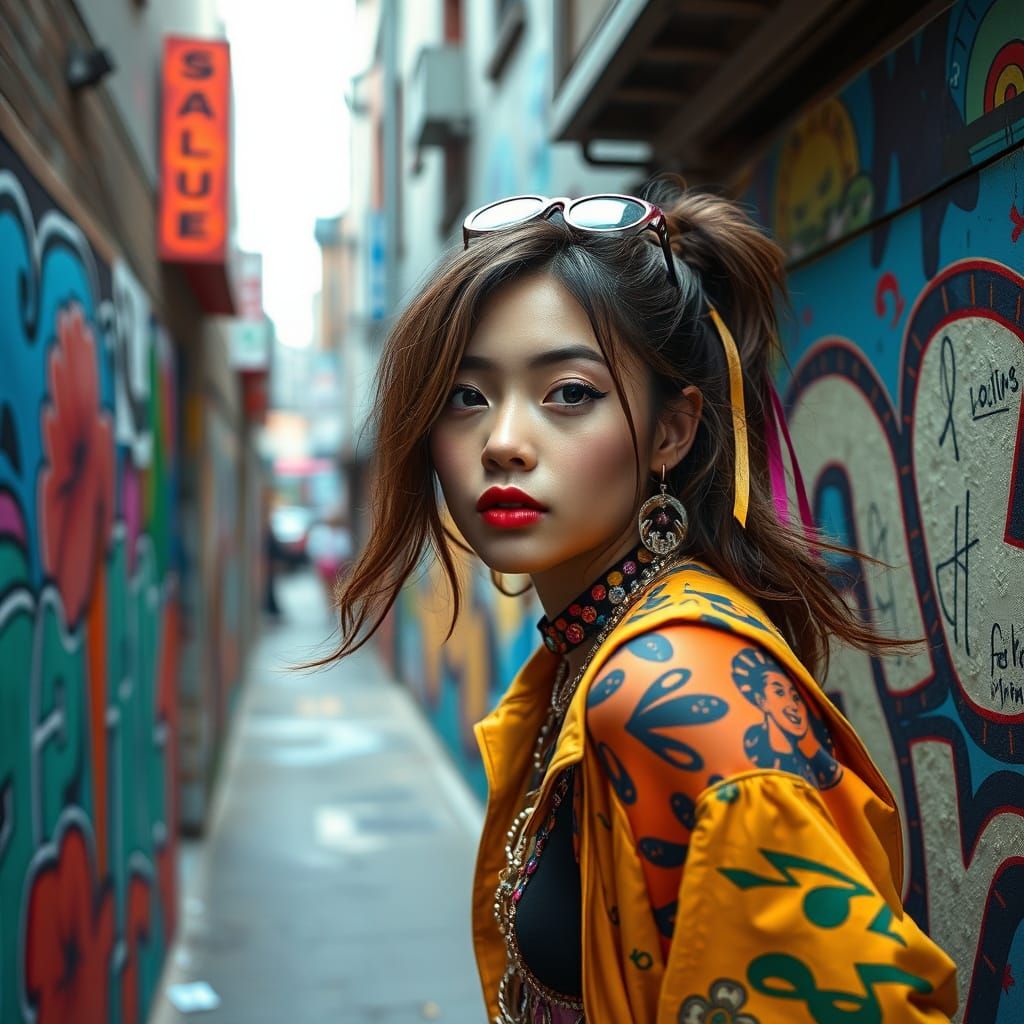 Young Woman in Street Art, Surreal Style