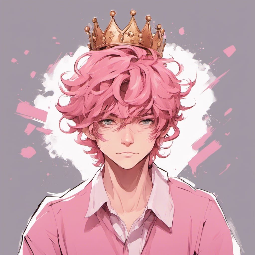 Boy with Pink Hair and Crown, Detailed Portrait