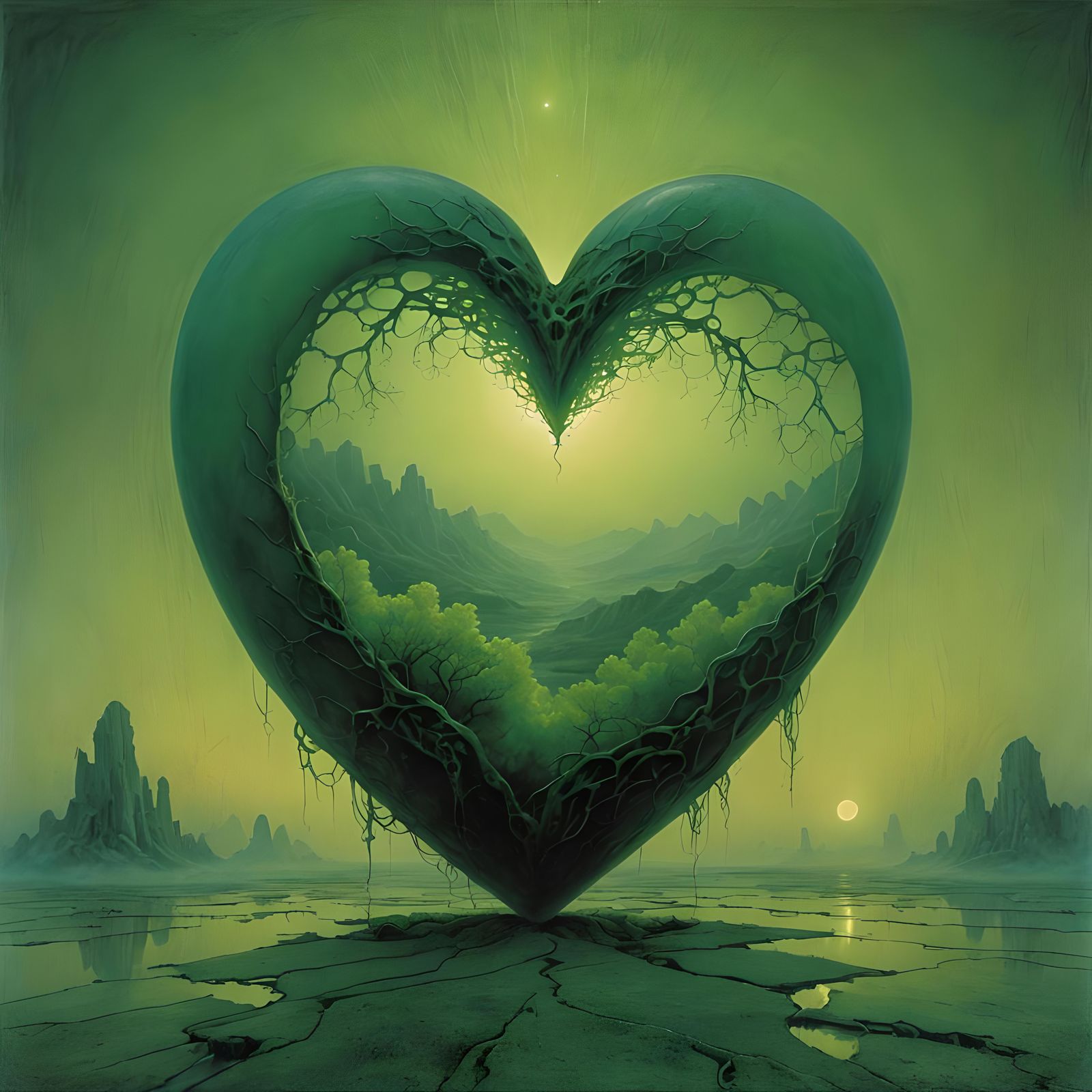 Ethereal Green Jade Heart in Surreal Style