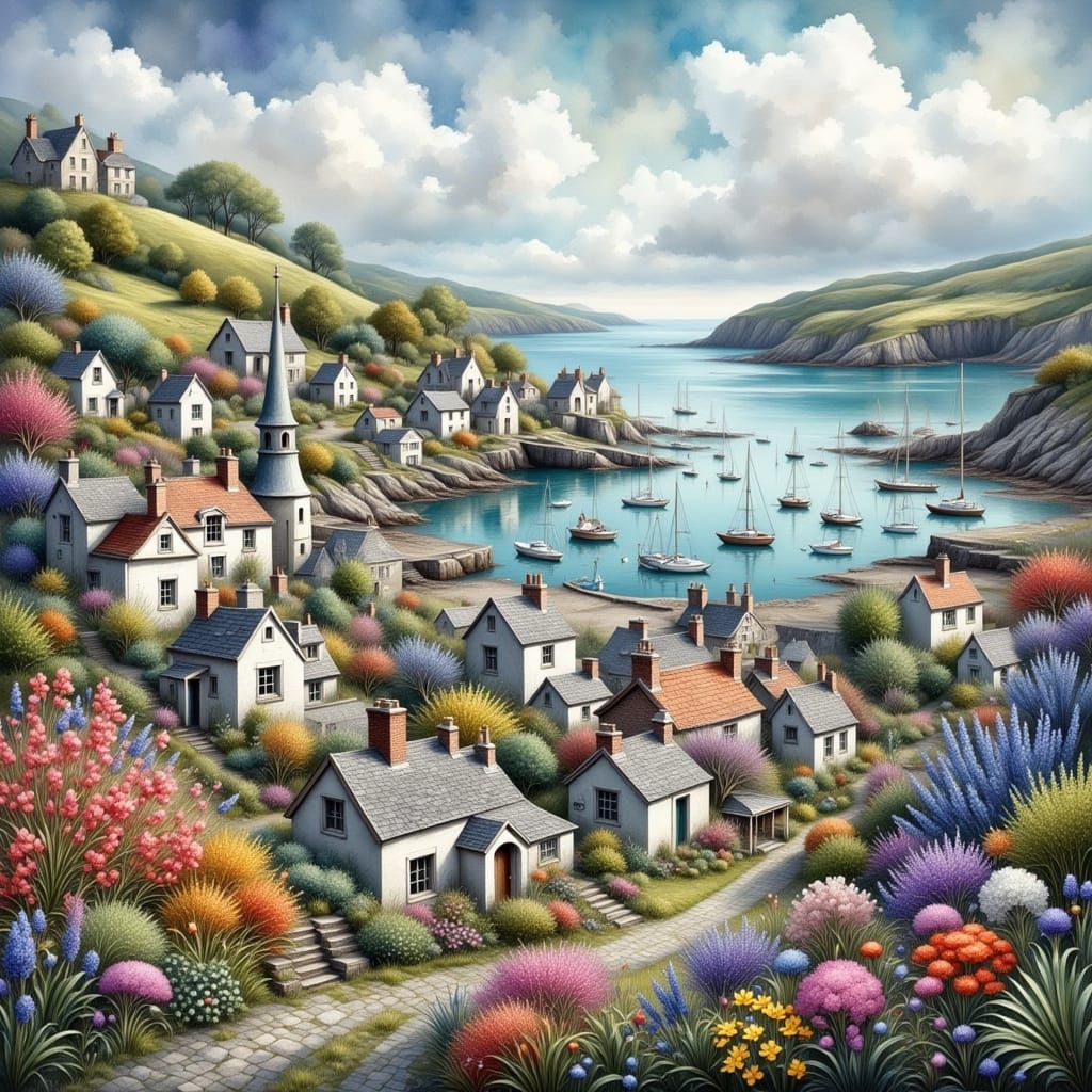 Misty Cornish Harbour Village in Antique Watercolor Style