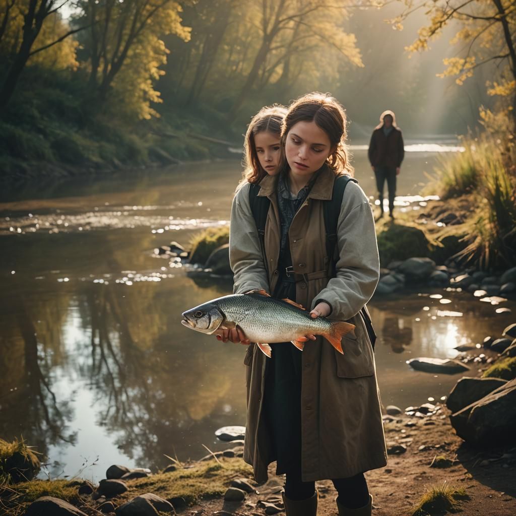 Woman Holding Fish by River in Cinematic Style