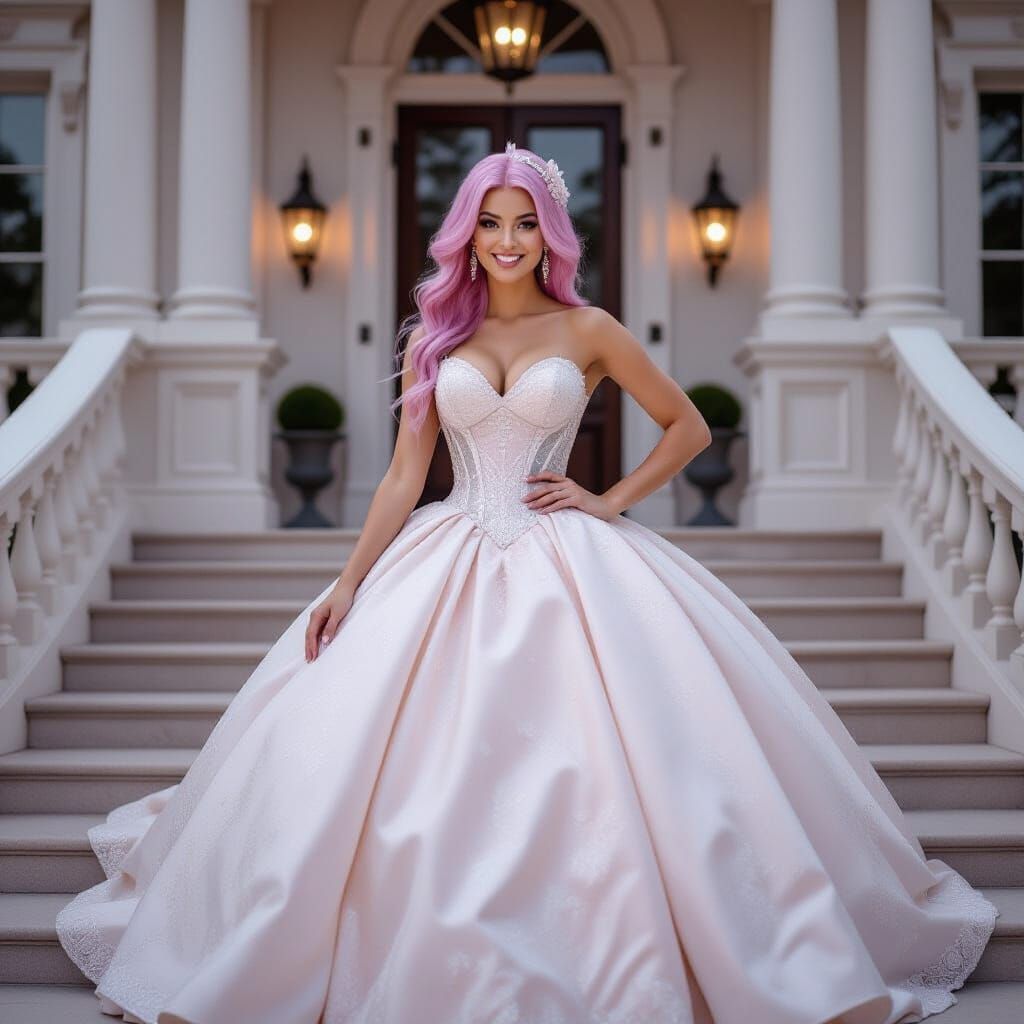 Elegant Woman in Ball Gown Posing at Mansion