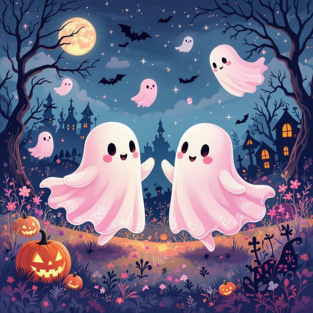 Whimsical Pink Ghosts Dance in Halloween Landscape