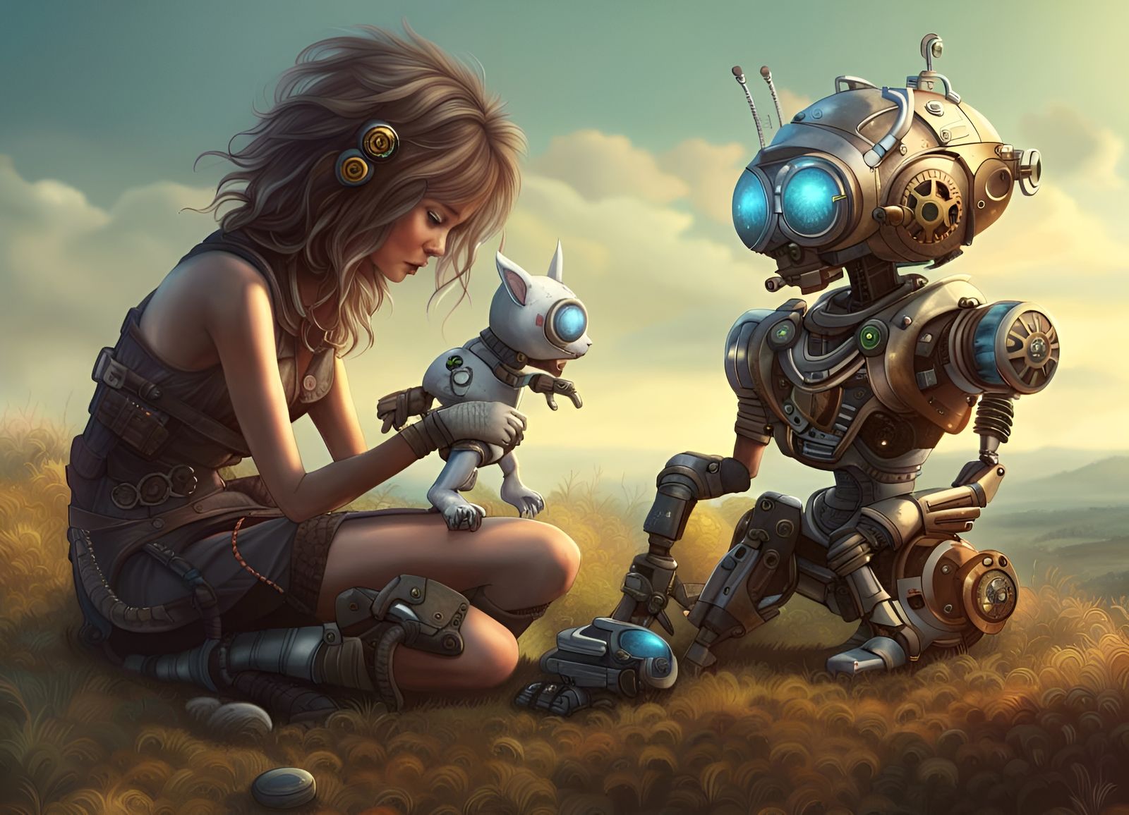 girl plays wit robot and pet.