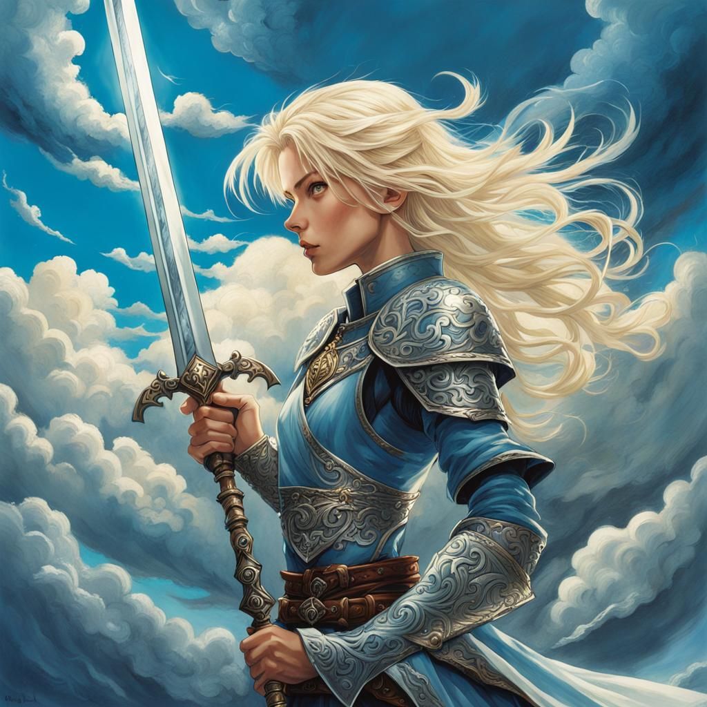 Platinum Blond Paladin with Shining Sword in Anime Style