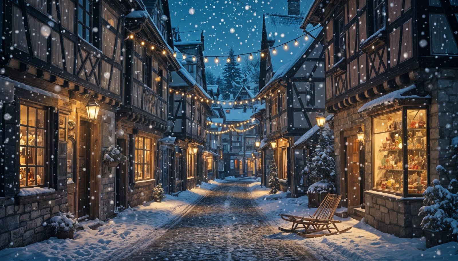 Dreamy Village Street at Night with Glowing Lanterns