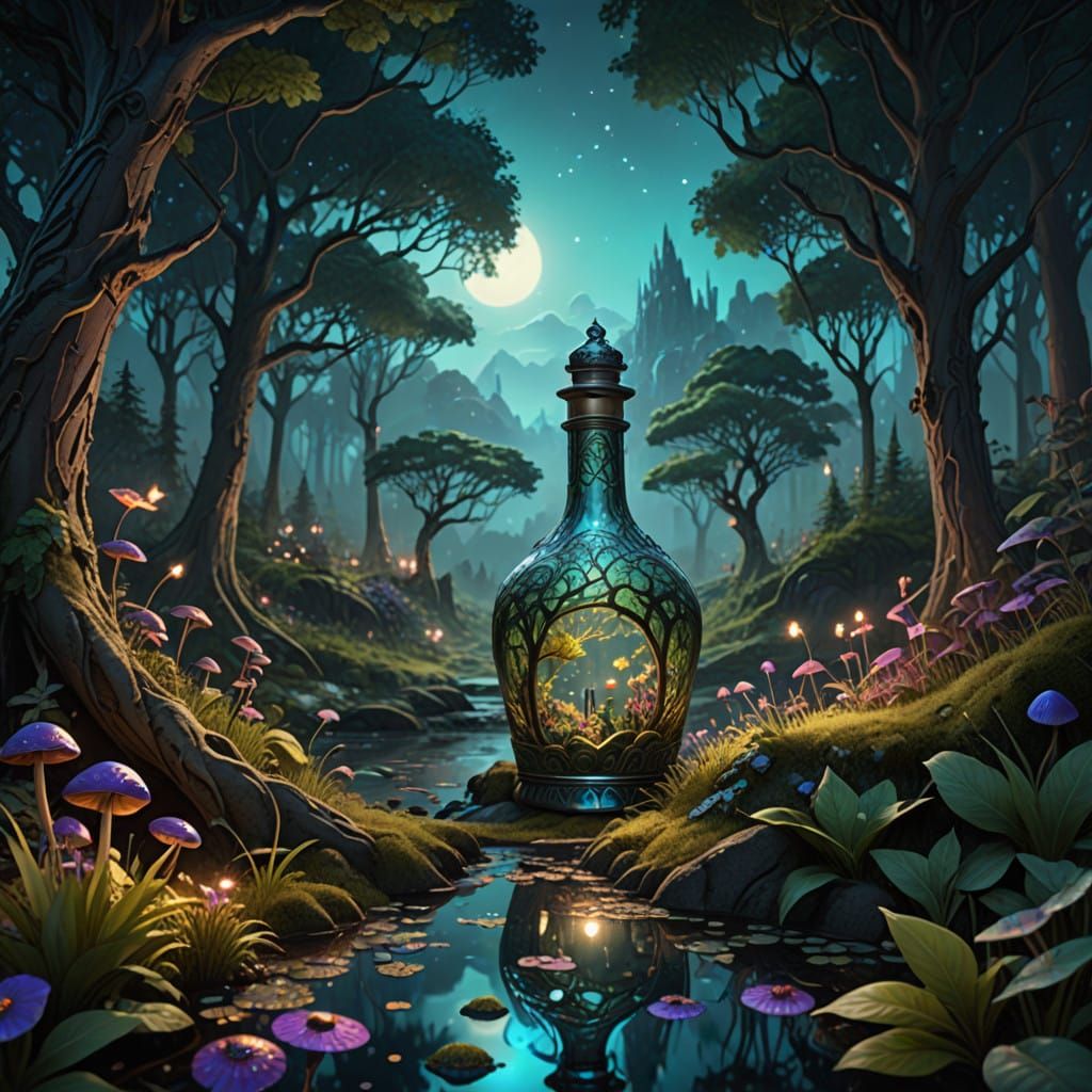 "A glass bottle with an elaborate design of a forest scene at dusk. The scene features tall trees, a serene river, and f...