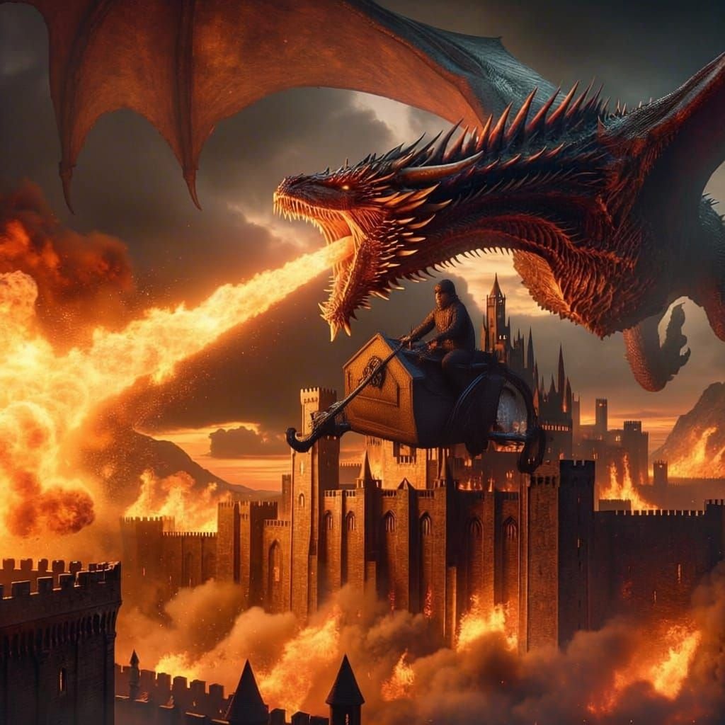 Dragon Unleashes Fire on Castle in Evening Sky
