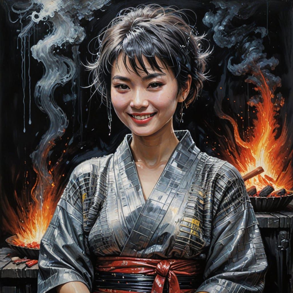 Surreal Japanese Woman Smiles in Magma at Infernal Party